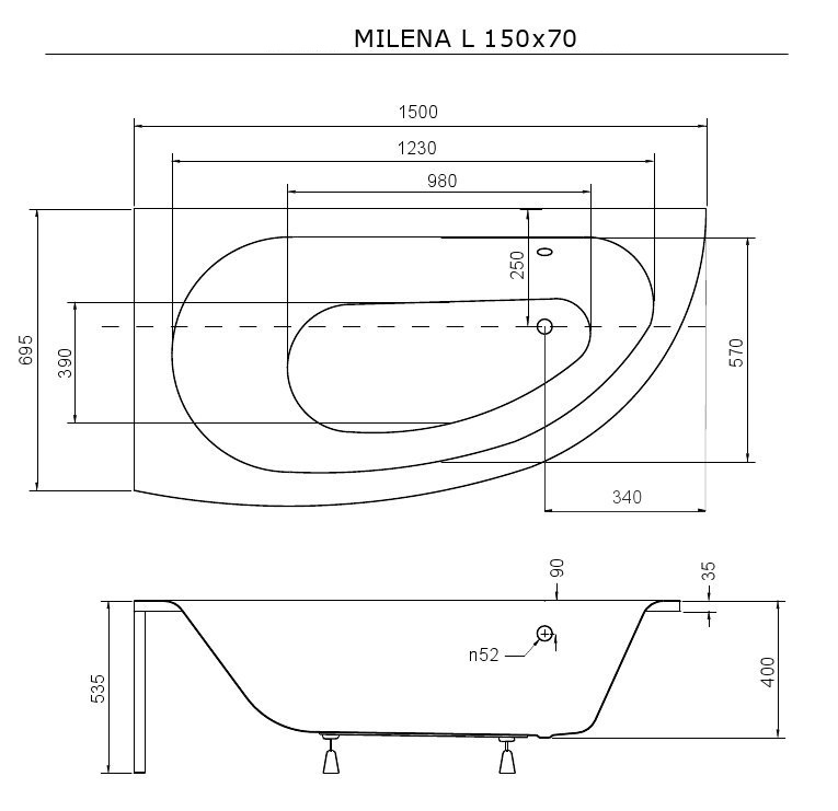 Besco MILENA 150 x 70 cm vaňa ľavá asymetrická, akrylátová