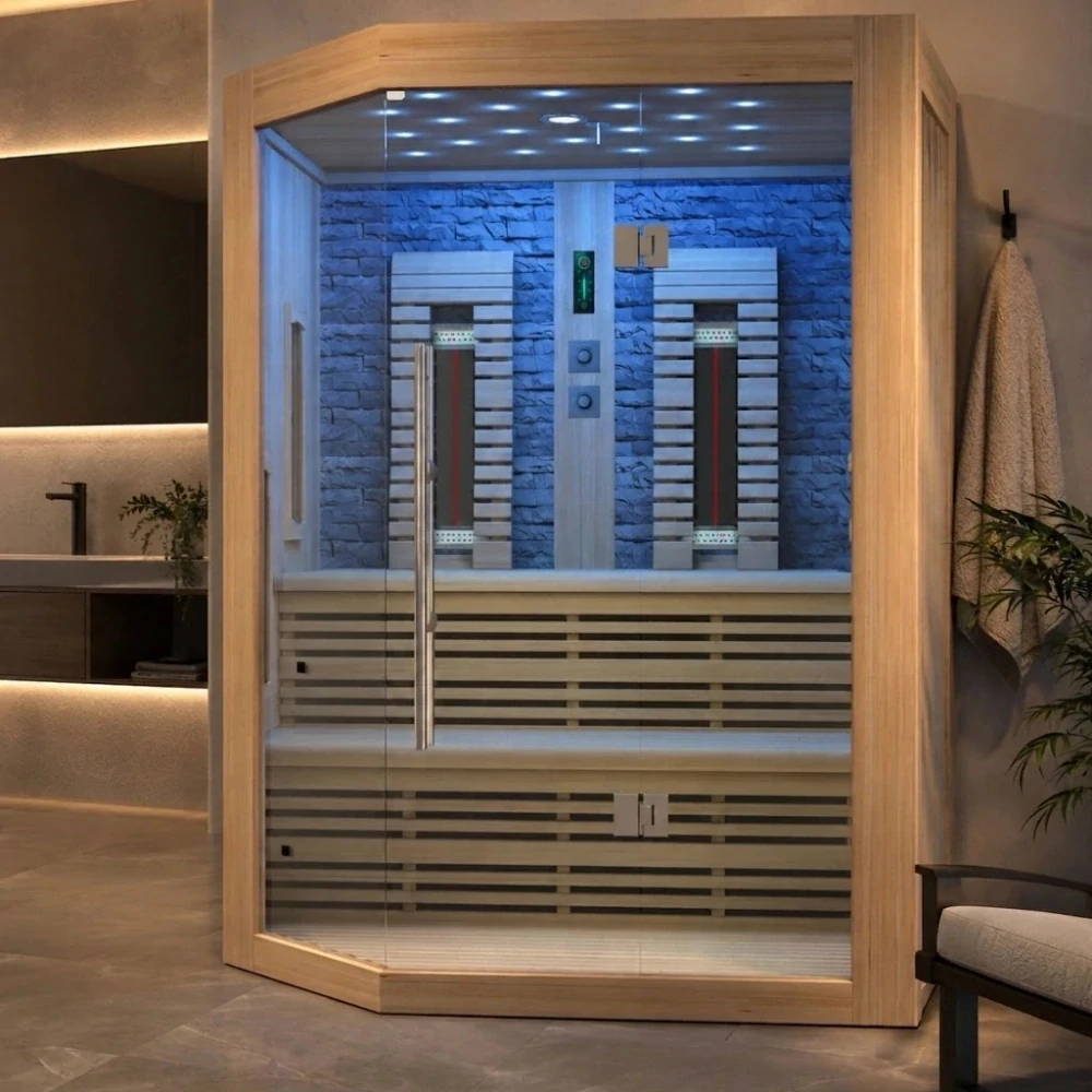 Infrasauna pre 3–4 osoby Sanotechnik Kiruna 160 × 160 cm s plnospektrálnymi žiaričmi