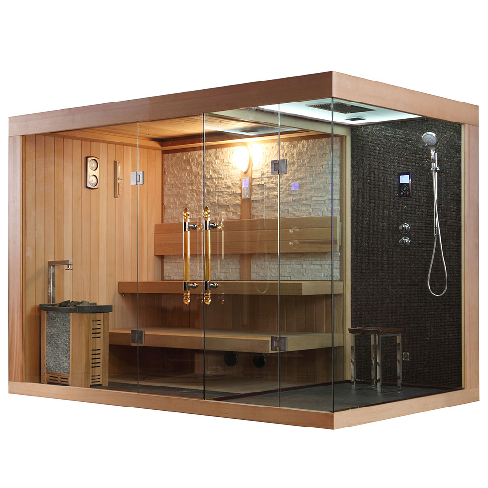 Suchá sauna s kachľami HARVIA 3 kW + sprchovací kút s hydromasážou a parnou funkciou 200X120X210CM