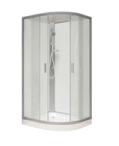 Sprchový box, štvrťkruh, 80cm, satin ALU, sklo Point, zadne steny biele, SMC vanička, bez striešky