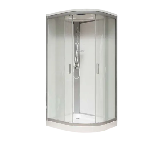 Sprchový box, štvrťkruh,100cm, satin ALU, sklo Point, zadne steny biele, liatá vanička, so strieškou