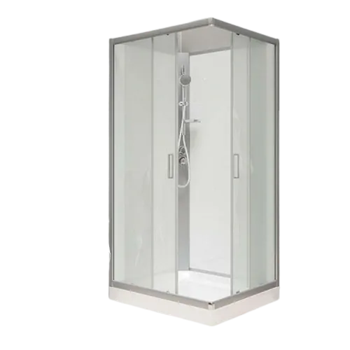 Sprchový box, štvorcový, 90cm, satin ALU, sklo Point, zadne steny biele, liatá vanička, bez striešky