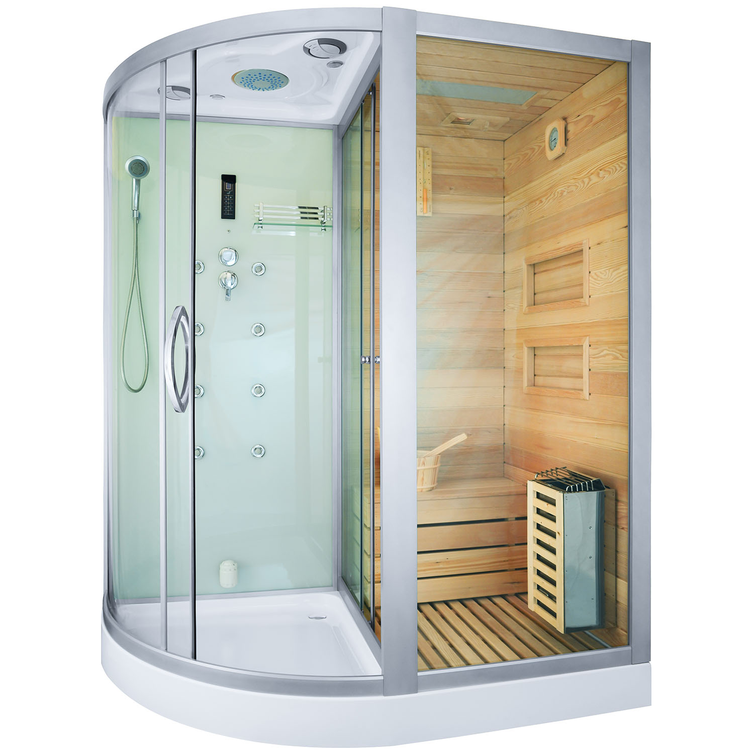 Suchá sauna, parná sauna a sprchovací kút TRIO pravá 180X110X223CM
