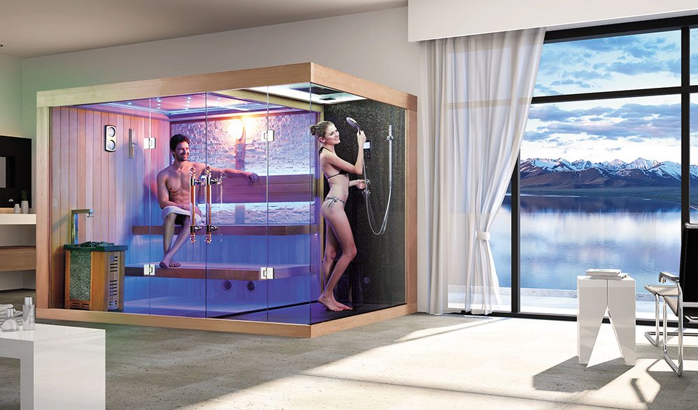 Suchá sauna s kachľami HARVIA 3 kW + sprchovací kút s hydromasážou a parnou funkciou 200X120X210CM