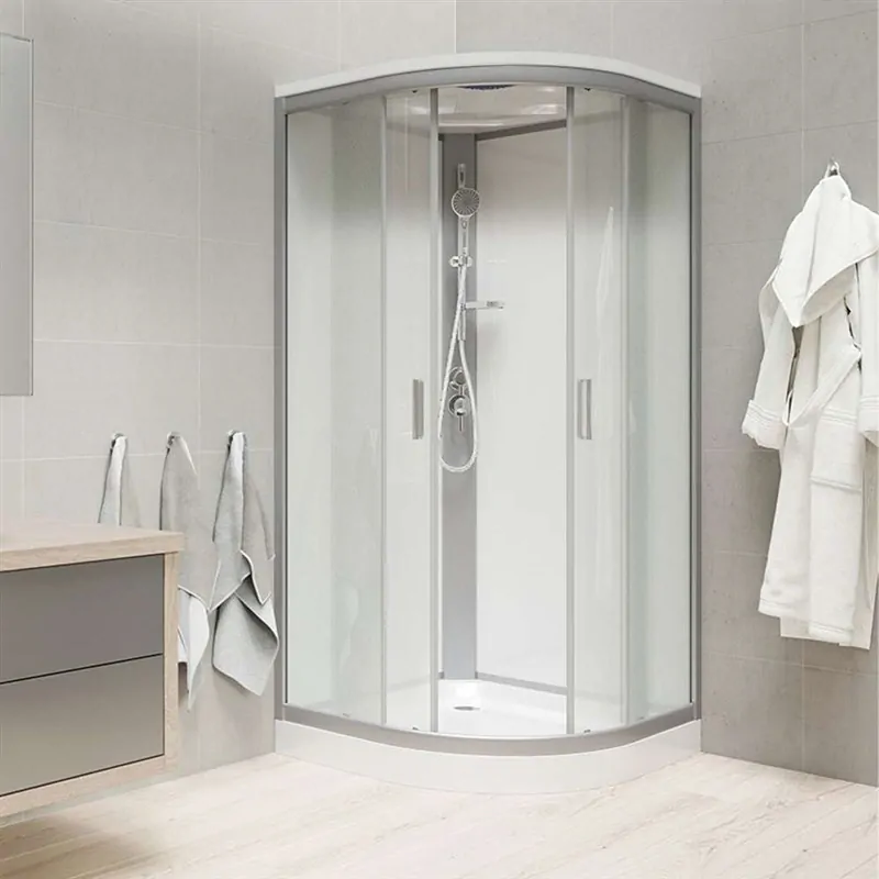 Sprchový box, štvrťkruh, 80cm, satin ALU, sklo Point, zadne steny biele, liatá vanička, so strieškou