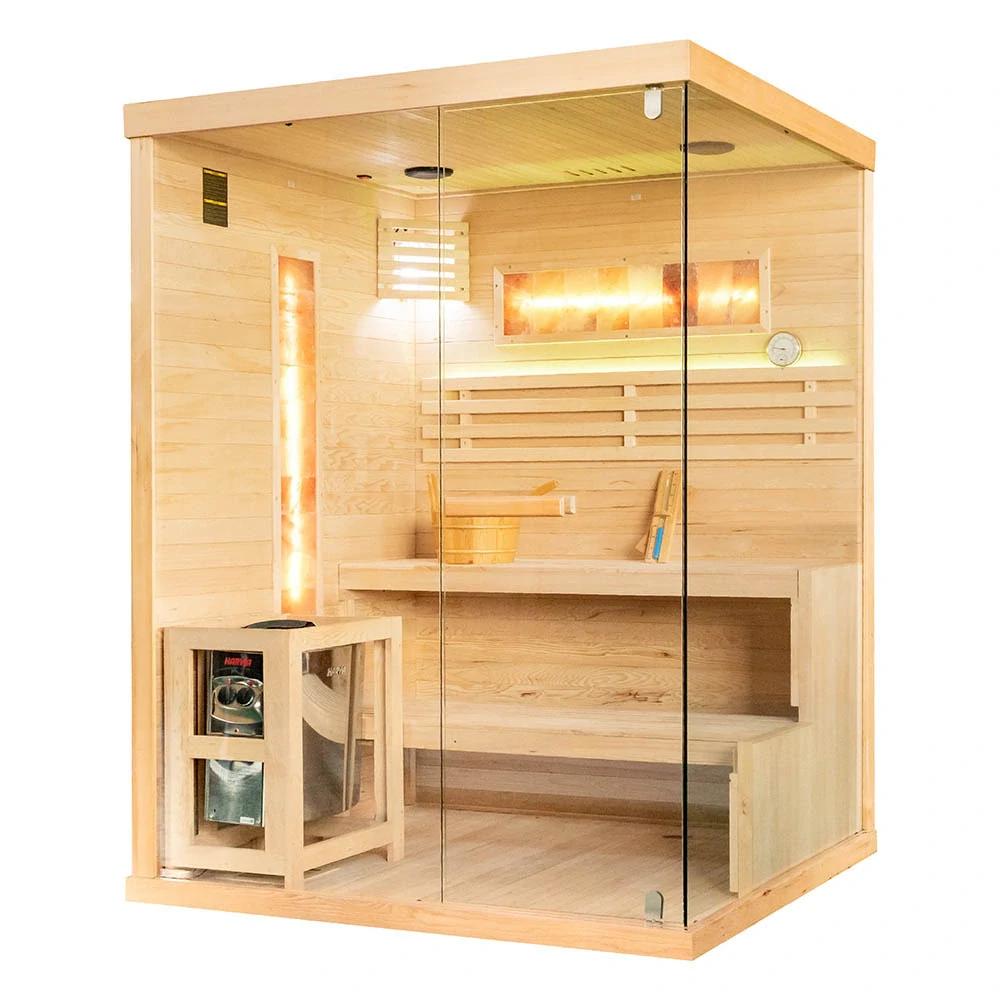 Fínska sauna MSPA Saimaa 3 so soľnou stenou a pieckou Harvia 6 kW (150 × 140 cm) – ľavá