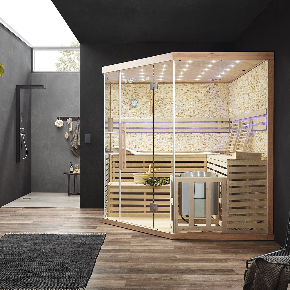 Tradičná sauna s kamennou stenou SKYLINE BIG XL - 200 x 200 cm pre 6 osôb
