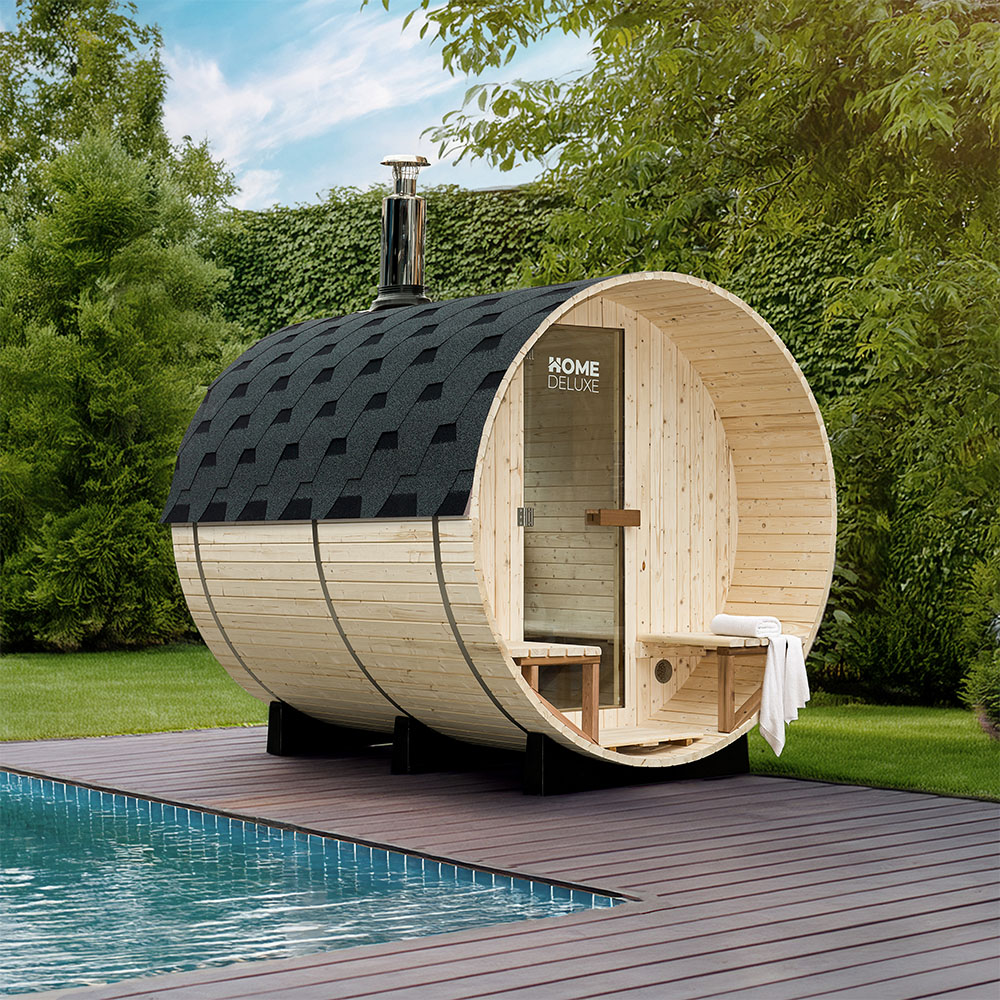 Sudová sauna s kachľovou pecou LAGOM DELUXE pre 4-6 osôb - ⌀ 210 x 240 cm