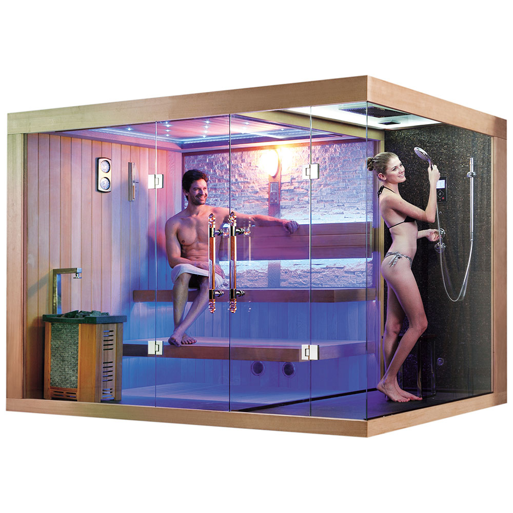 Suchá sauna s ohrievačom HARVIA 6 kW + Sprchový kút s hydromasážou a parnou funkciou 250X180X210CM