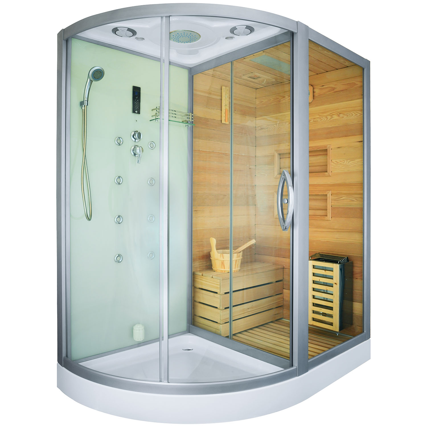 Suchá sauna, parná sauna a sprchovací kút TRIO pravá 180X110X223CM