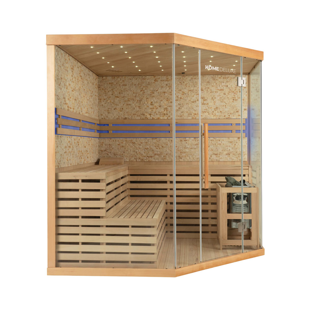 Tradičná sauna s kamennou stenou SKYLINE BIG XL - 200 x 200 cm pre 6 osôb