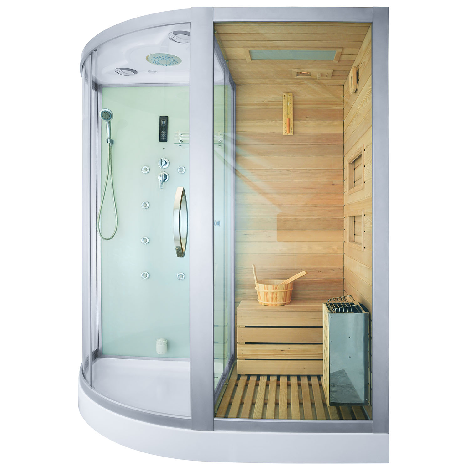 Suchá sauna, parná sauna a sprchovací kút TRIO pravá 180X110X223CM