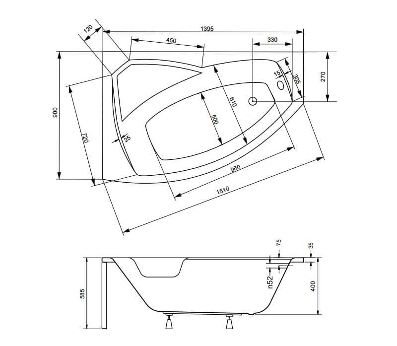 Besco RIMA 140 x 90 cm vaňa ľavá asymetrická, akrylátová