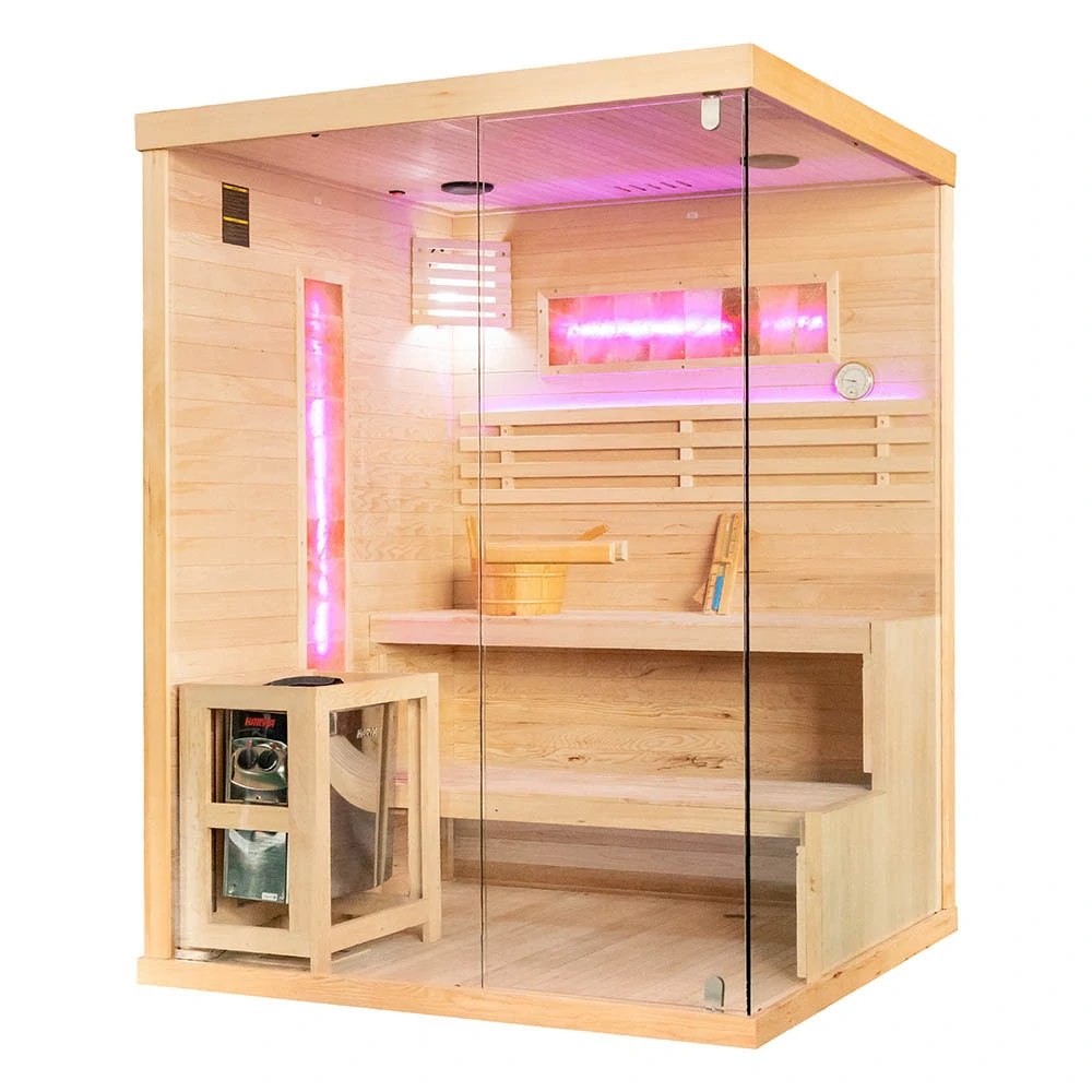 Fínska sauna MSPA Saimaa 3 so soľnou stenou a pieckou Harvia 6 kW (150 × 140 cm) – ľavá