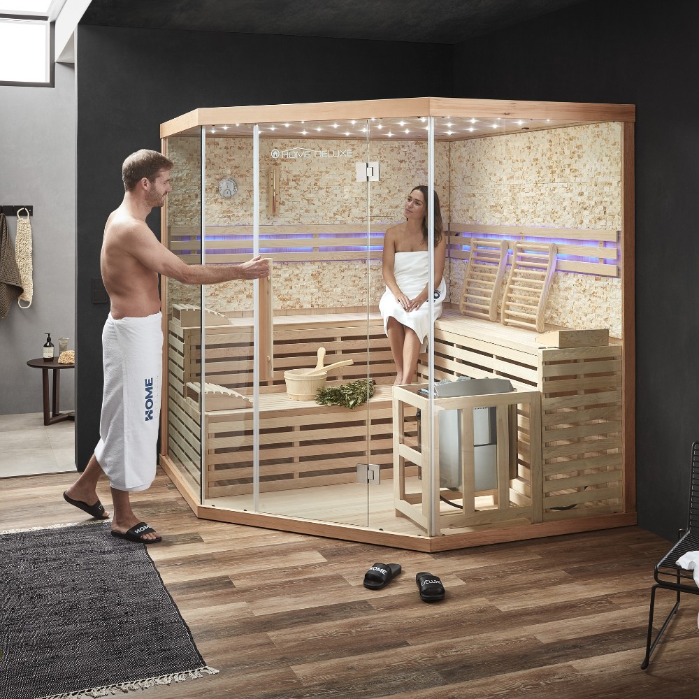 Tradičná sauna s kamennou stenou SKYLINE BIG XL - 200 x 200 cm pre 6 osôb