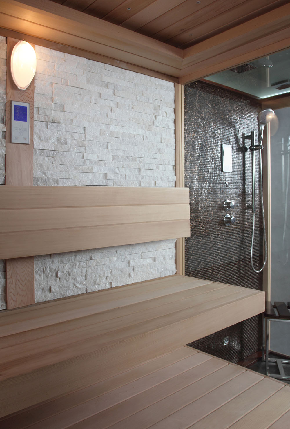 Suchá sauna s ohrievačom HARVIA 6 kW + Sprchový kút s hydromasážou a parnou funkciou 250X180X210CM