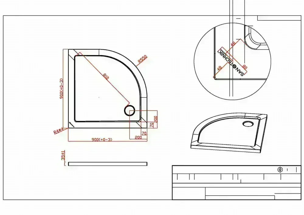 Sanotechnik - sprchová vanička, SMC tvrdený polymér, štvrťkruh, 90cm, SC9090R