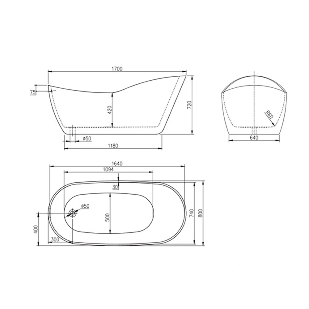 Kúpeľňová vaňa voľne stojaca 170x80x72cm