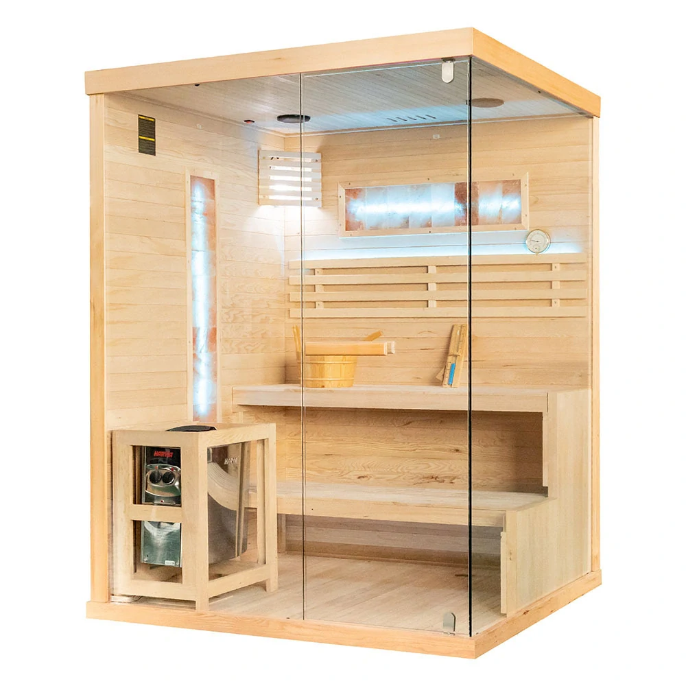 Fínska sauna MSPA Saimaa 3 so soľnou stenou a pieckou Harvia 6 kW (150 × 140 cm) – ľavá