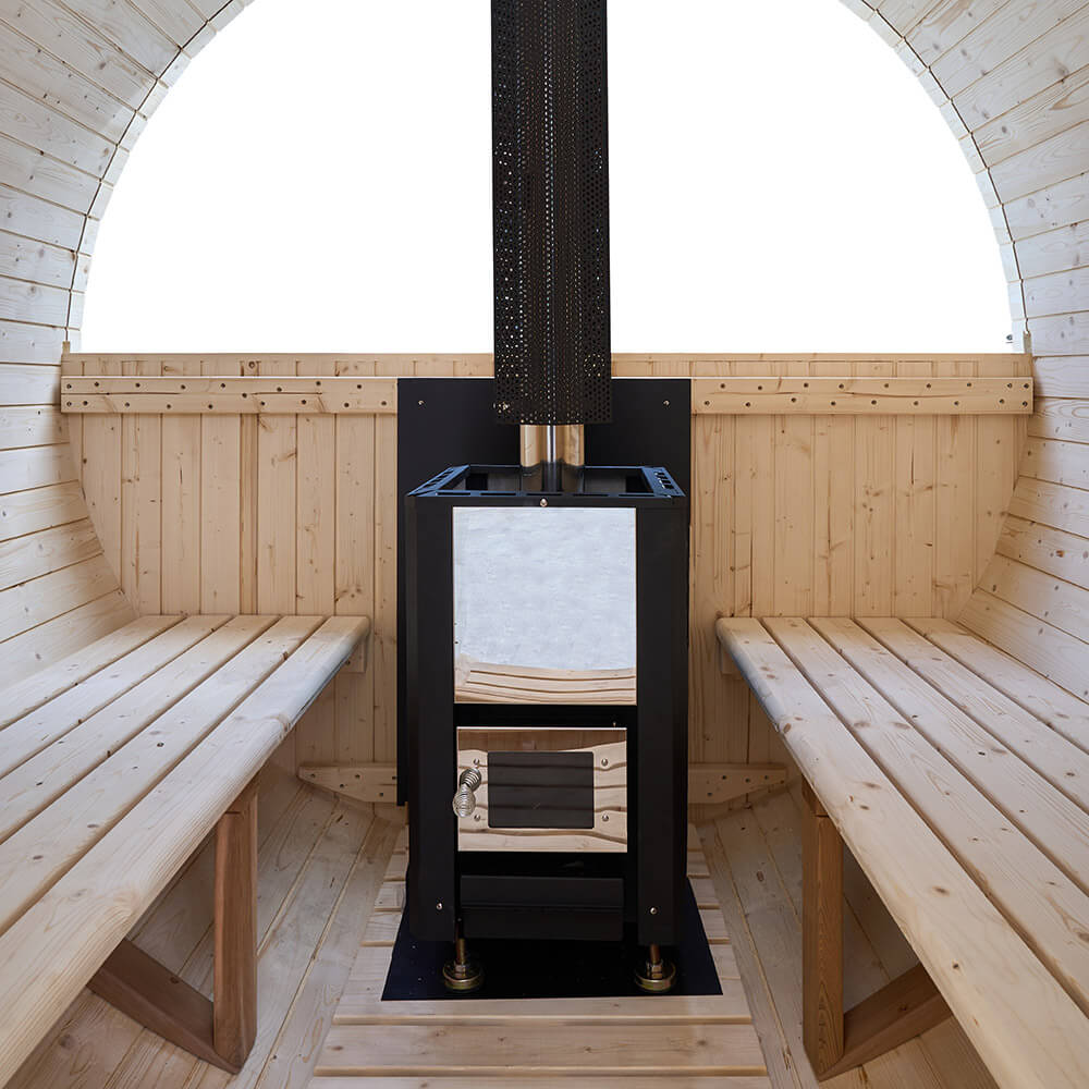 Sudová sauna s kachľovou pecou LAGOM DELUXE pre 4-6 osôb - ⌀ 210 x 240 cm