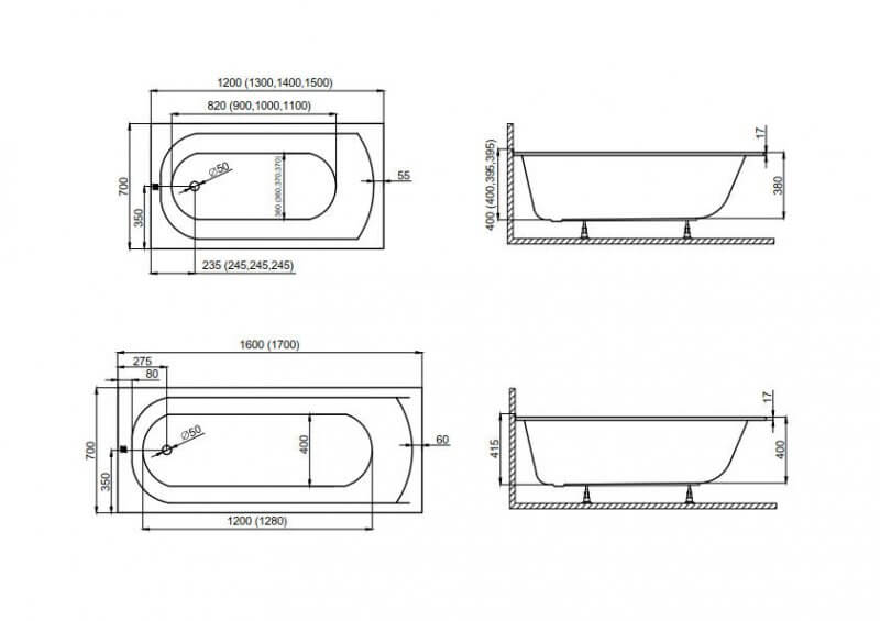 Obdĺžniková akrylátová vaňa CLASSIC 150x70 cm