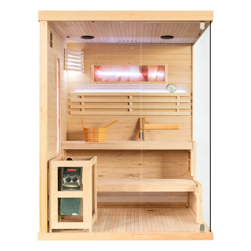 Fínska sauna MSPA Saimaa 3 so soľnou stenou a pieckou Harvia 6 kW (150 × 140 cm) – ľavá