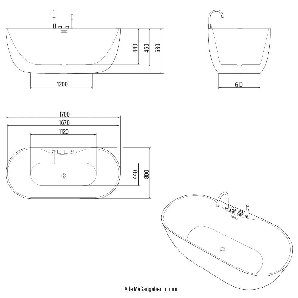 Vaňa s čiernou batériou LENI - 170 x 80 cm