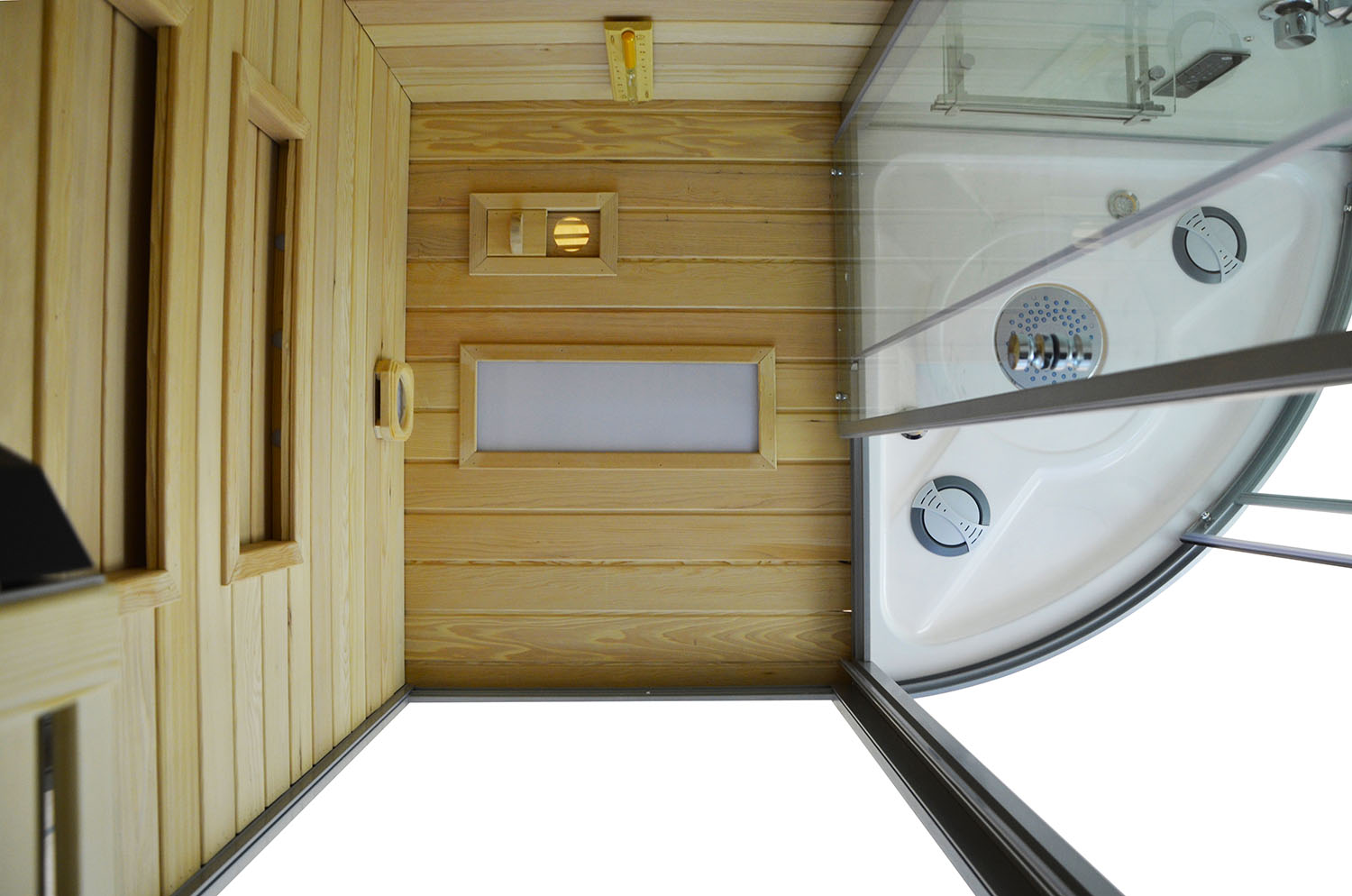 Suchá sauna, parná sauna a sprchovací kút TRIO pravá 180X110X223CM