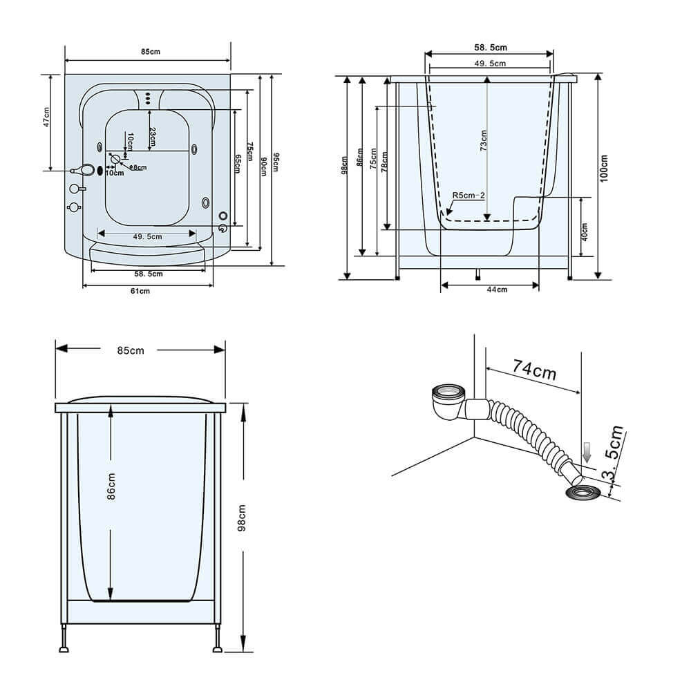 Bezbariérová sedacia vaňa s hydromasážou VITAL L - 85 x 95 cm pravá