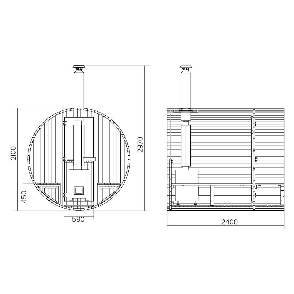 Sudová sauna s kachľovou pecou LAGOM DELUXE pre 4-6 osôb - ⌀ 210 x 240 cm