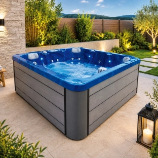 Celoročná vonkajšia vírivka PALMA Blue Marble pre 5 osôb, 190 × 190 cm – 1× ležadlo, 4× sedadlo, vrátane termokrytu a schodíkov
