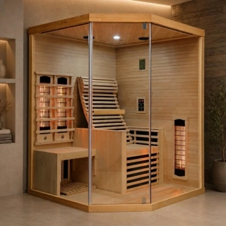 Rohová infrasauna pre 2 osoby CARBON 3 Hemlock – plnospektrálna, 150 × 150 cm