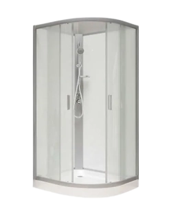 Sprchový box, štvrťkruh, 90cm, satin ALU, sklo Point, zadne steny biele, SMC vanička, bez striešky