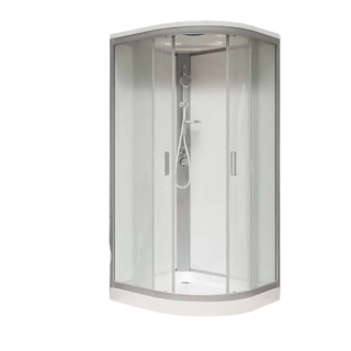 Sprchový box , štvrťkruh, 90cm, satin ALU, sklo Point, zadne steny biele, SMC vanička, so strieškou