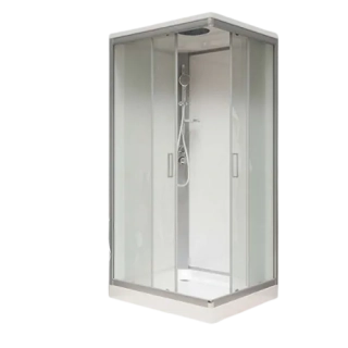 Sprchový box, štvorcový, 90cm, satin ALU, sklo Point, zadne steny biele, SMC vanička, so strieškou