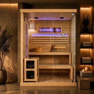 Fínska sauna MSPA Saimaa 3 so soľnou stenou a pieckou Harvia 6 kW (150 × 140 cm) – ľavá