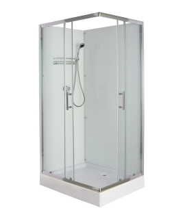 Sprchový box VEDUTA LIVIA WHITE, obdĺžnikový, 100 x 70, profil chróm, sklo transparent, zadné biele, vanička, bez striešky